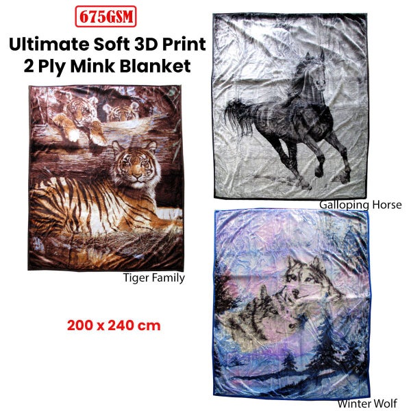 Assorted 675Gsm 2 Ply 3D Print Faux Mink Blanket Queen 200X240 Cm Winter Wolf Carousel 2