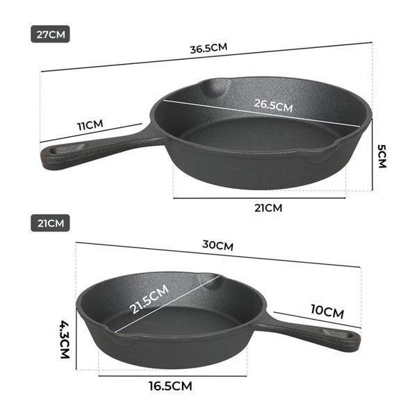 Toque 2Pcs Cast Iron Frying Pan Set Non Stick Skillet BBQ Cookware 21cm /27cm Carousel 2