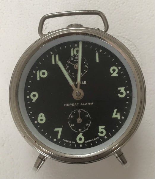 Vintage German Kienzle repeat alarm clock with rare black triple dial Carousel 1