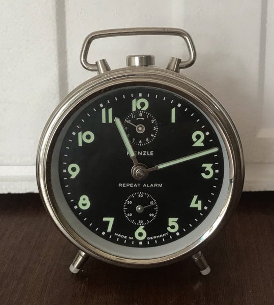 Vintage German Kienzle repeat alarm clock with rare black triple dial Carousel 2