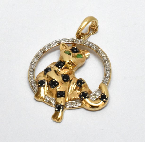 $1,500 9ct Yellow Gold Diamond, Sapphire & Emerald Panther Pendant! 183967 Carousel 1