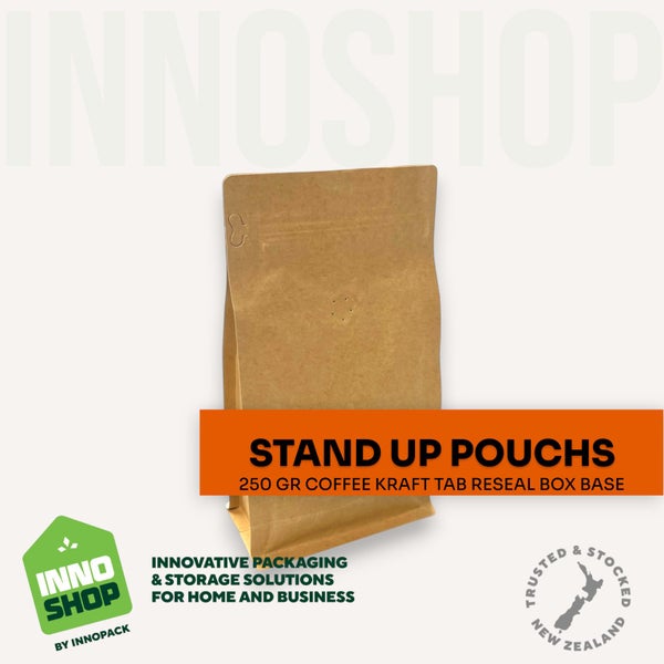 250 GRAM COFFEE KRAFT VALVE TAB RESEAL BOX BOTTOM 125X230X32 (100 pouches) $1.15