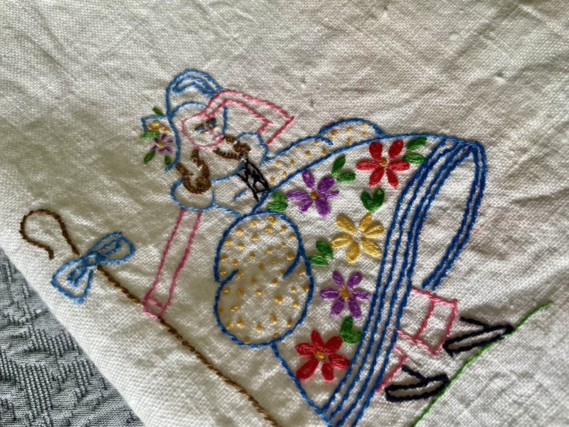 A fabulous embroidered vintage Linen tea Towel- Bo Peep Carousel 1