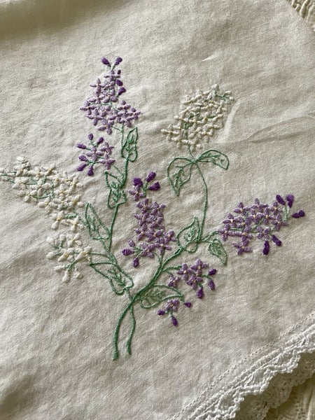 A lovely pure white linen, heavily hand embroidered Vintage Linen Tablecloth Carousel 2