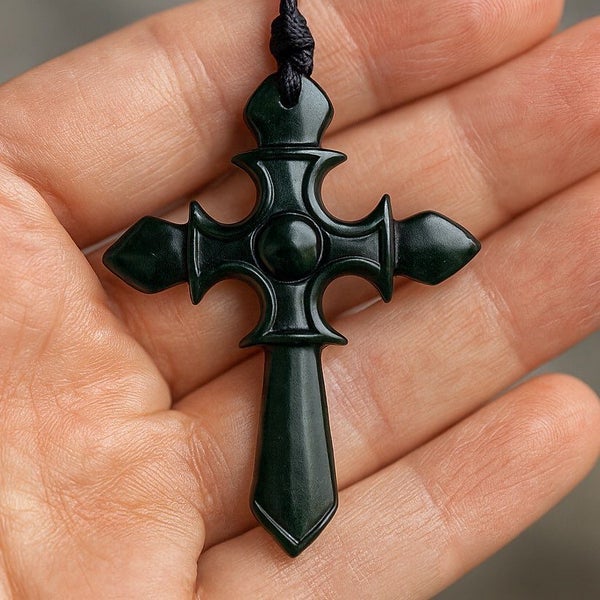 Greenstone Cross Pendant Adjustable Cord, Gift Box, Carving Studio NZ Carousel 1