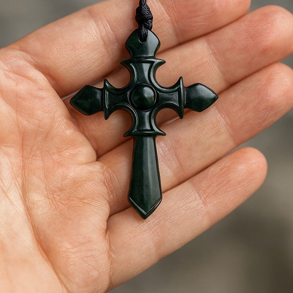 Greenstone Cross Pendant Adjustable Cord, Gift Box, Carving Studio NZ Carousel 2