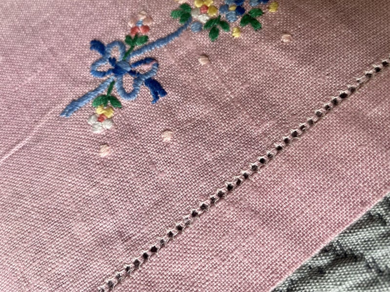 A lovely pink linen embroidered hand towel Carousel 2