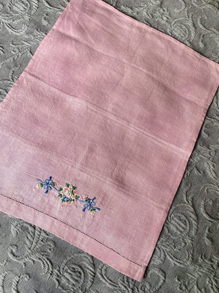 A lovely pink linen embroidered hand towel Carousel 3
