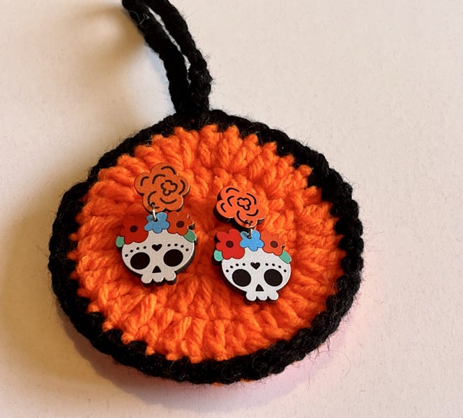 Cute Skull Earrings + Handmade Pouch Carousel 2