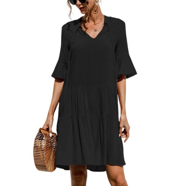 Womens Elegant V-Neck Casual Bell Sleeve Dress Carousel 1