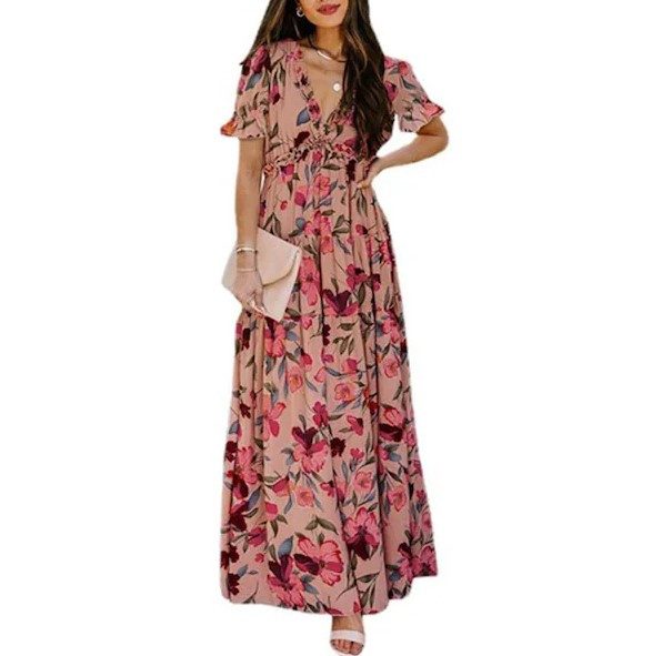 Womens Casual Floral Deep V Neck Long Sleeve Long Evening Dress Cocktail Part... Carousel 1