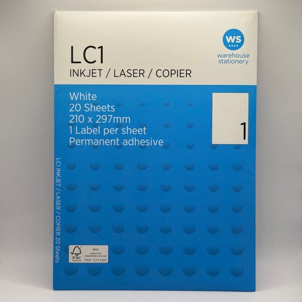 WS LC1 Full Sheet Permanent Labels A4 Inkjet/Laser/Copier Carousel 1