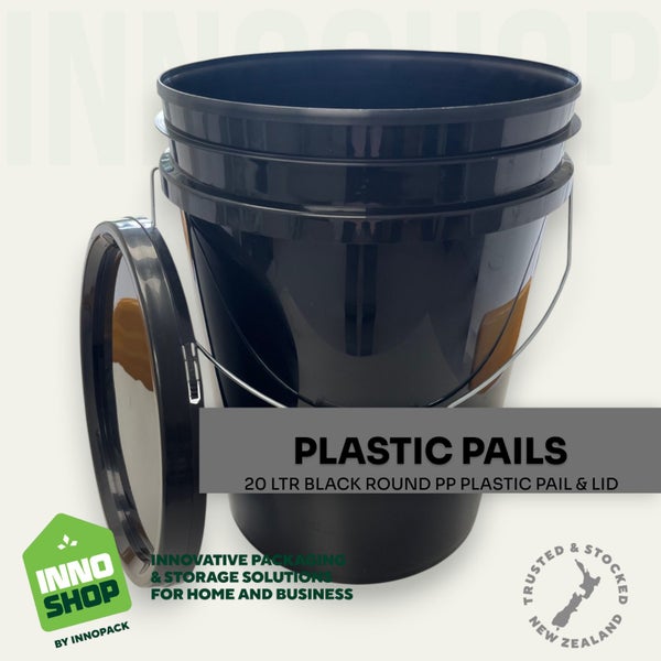 20 LTR BLACK PLASTIC PAIL & LID (MIN 5) $15.15 each PAIL & LID