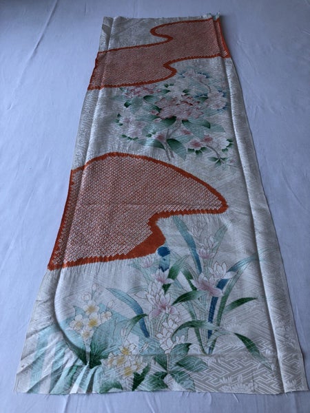 Vintage Japanese Rinzu Silk Hand Shibori Dyed Floral Print Kimono Panel Fabric Carousel 16