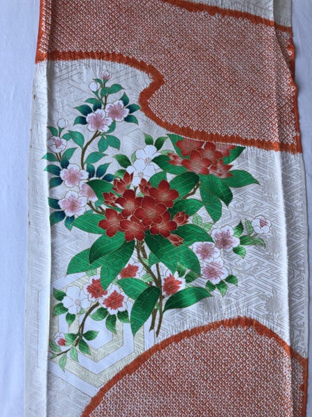Vintage Japanese Rinzu Silk Hand Shibori Dyed Floral Print Kimono Panel Fabric Carousel 2