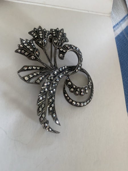 Antique German Sterling 935 Marcasite Tulip Brooch Carousel 5