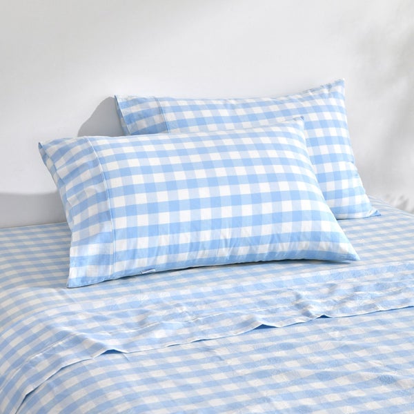 Dreamaker Lola Washed Cotton Yarn Dyed Gingham Standard Pillowcase Sky Twin Pack Carousel 1