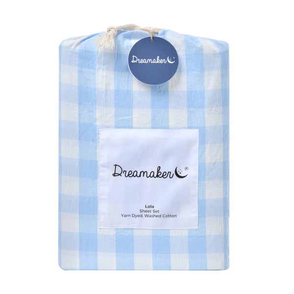 Dreamaker Lola Washed Cotton Yarn Dyed Gingham Sheet Set Sky King Single Carousel 7