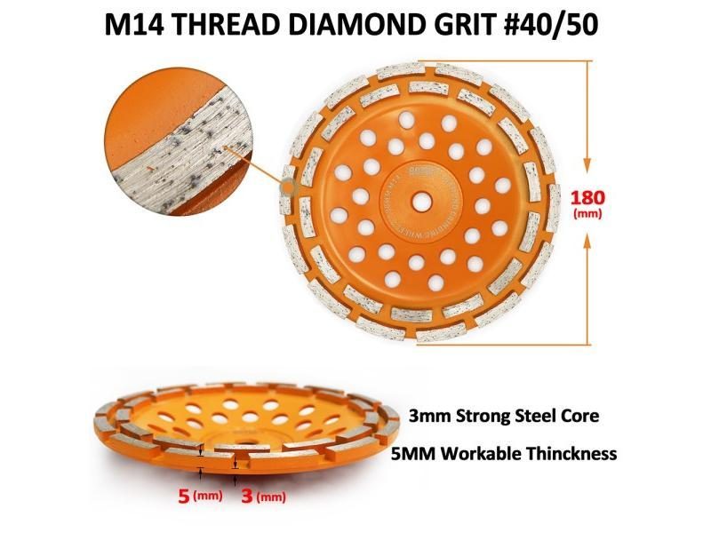 BGTEC 2pcs M14 Dia180mm Diamond Double Row Grinding Cup Wheel Polishing Tile Carousel 1