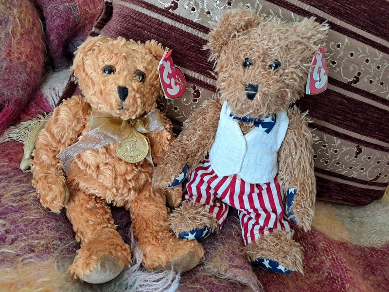 TY Beanie Bears x 2 -TEDDY 100yr Celebration Bear with Gold Medal & REVERE Bear Carousel 1