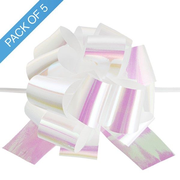 Ribbon Pull Bow Pom Pom Irridescent White 32mmx12.5cm Pk5. Carousel 1