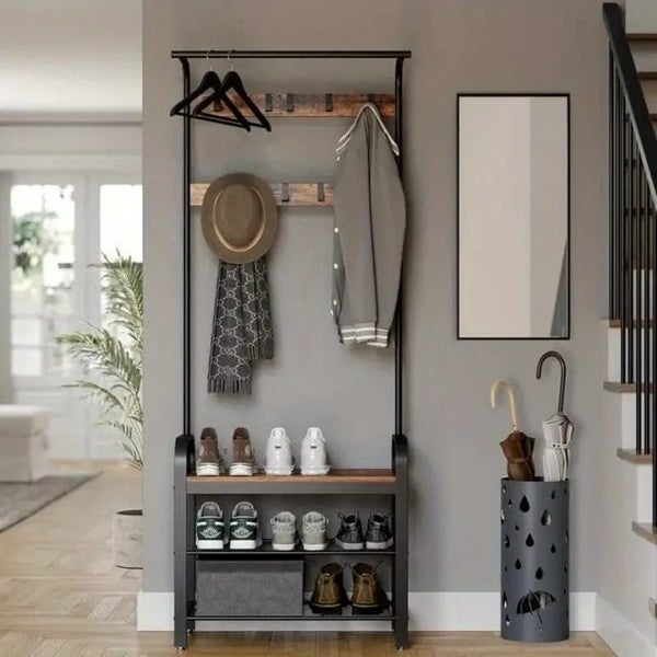 4-in-1 Hall Tree Coat Rack with Shoe Bench and Storage Shelves Carousel 1