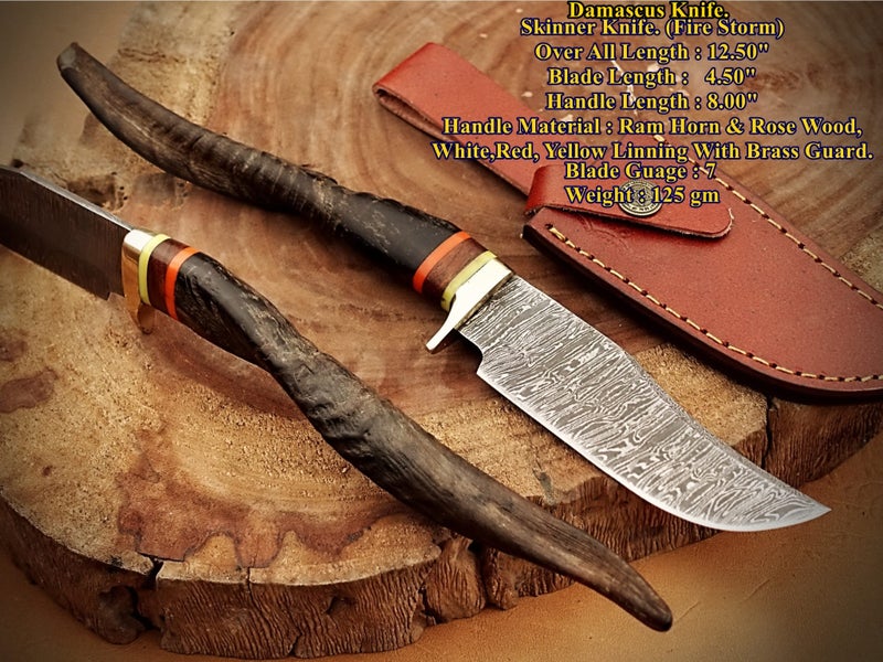 Hand Made Collector Ram Horn Rose Wood Handle Damascus Steel Knife RRP 400$ Carousel 1