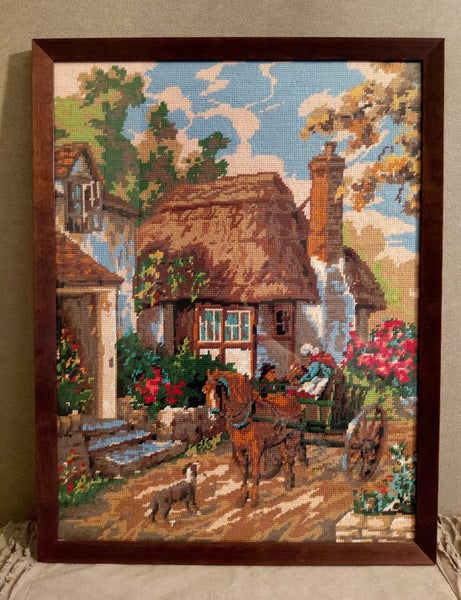 Vintage Framed Thatched Cottage Tapestry Carousel 1