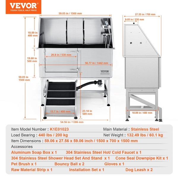 1.57M Pet Dog Bathing Station W / Ramp Professional Stainless Steel Dog Groom... Carousel 2