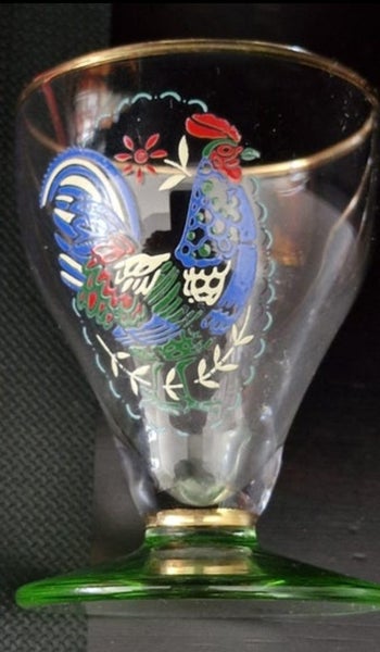 VINTAGE GREEN FOOTED SHOT GLASSES ENAMELED ROOSTER DESIGN Carousel 2