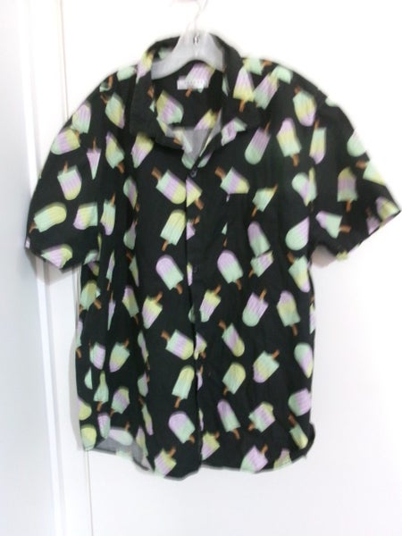Black Hawaiian style cotton shirt with lime green & mauve Ice blocks design,XL Carousel 1