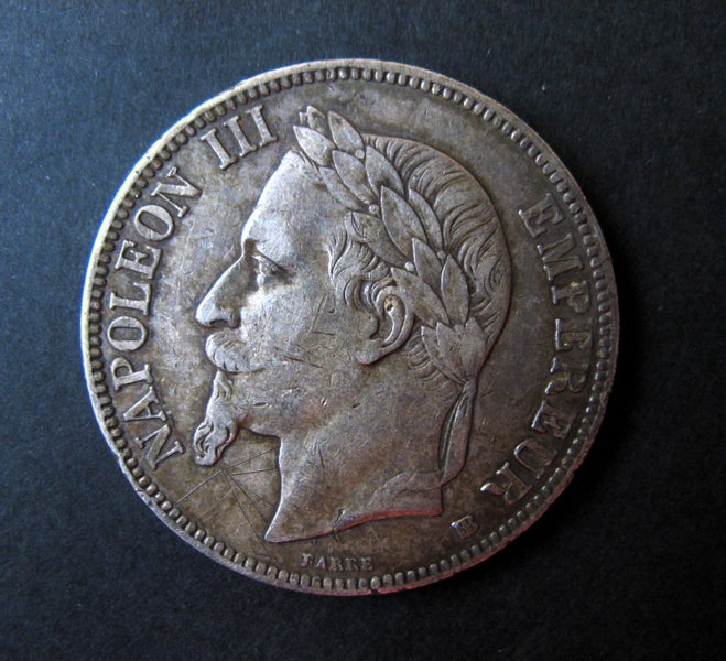 1867 BB FRANCE - 5 FRANCS COIN. 37mm. .9 SILVER Carousel 2