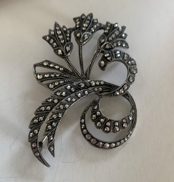 Antique German Sterling 935 Marcasite Tulip Brooch Carousel 1