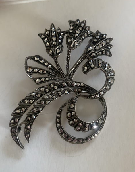 Antique German Sterling 935 Marcasite Tulip Brooch Carousel 2