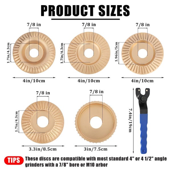 5PCS Wood Carving Disc Set for 4" or 4 1/2" Angle Grinder with Wrench64645423137923112
