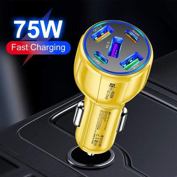 Car Charger 75W Fast Charging 3USB+2PD Car Phone Charger T5O5 Carousel 1