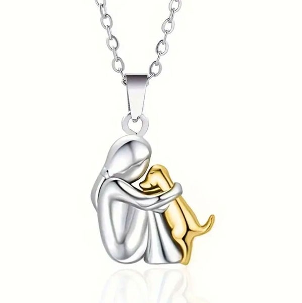 Cute Style Little Girls Hug with Pet Dog Pendant Necklace, Girls Jewelry Gift Carousel 1