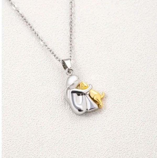 Cute Style Little Girls Hug with Pet Dog Pendant Necklace, Girls Jewelry Gift Carousel 3
