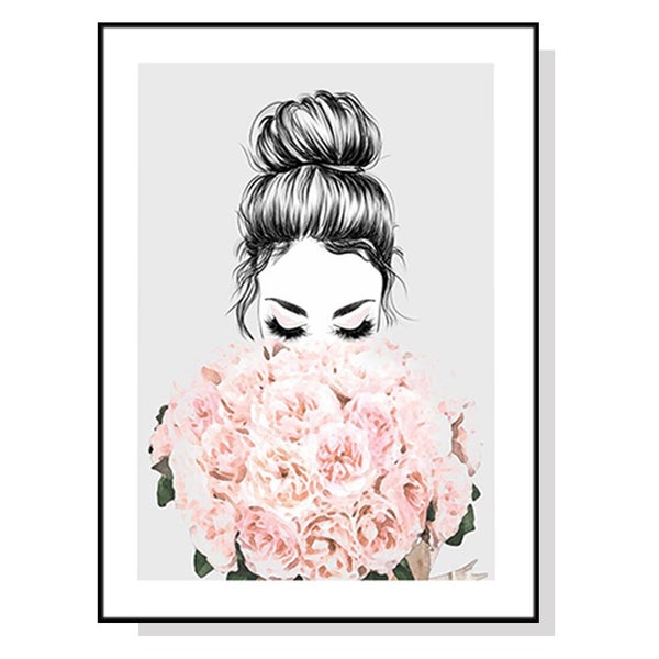 Wall Art 100Cmx150Cm Roses Girl Black Frame Canvas Carousel 1