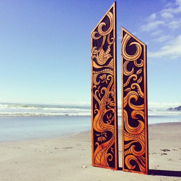 Koru and Pohutukawa Story Flute Pair - Garden Art by Pete Collins Carousel 1