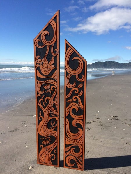 Koru and Pohutukawa Story Flute Pair - Garden Art by Pete Collins Carousel 2