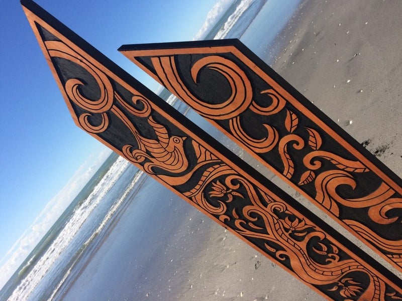 Koru and Pohutukawa Story Flute Pair - Garden Art by Pete Collins Carousel 3