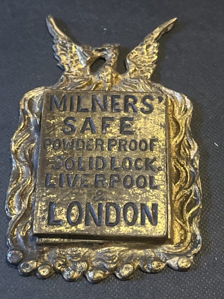 ANTIQUE BRASS SAFE PLATE MILNER'S SAFE POWDER PROOF SOLID LOCK LIVERPOOL LONDON Carousel 2