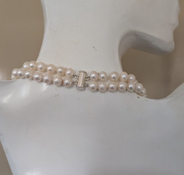 7.5- 8.2mm White Oval Round Pearl 19" Double Strand Necklace Carousel 2