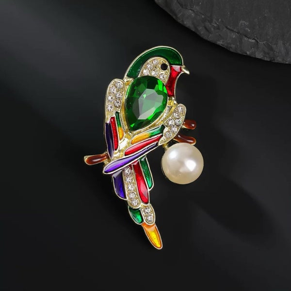 Colorful Bird Rhinestone Brooch with Green Gem and Pearl Accent Carousel 1