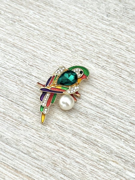 Colorful Bird Rhinestone Brooch with Green Gem and Pearl Accent Carousel 2