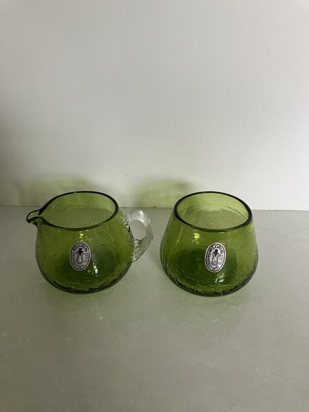 Hand-blown Pilgrim Glass crackle glass jug and bowl - mid-century US art glass