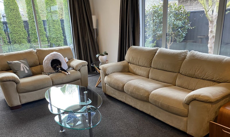 2 & 2.5 Seater Lounge Suite – Fawn Faux Suede, Wooden Feet, Good Condition64337257920386110