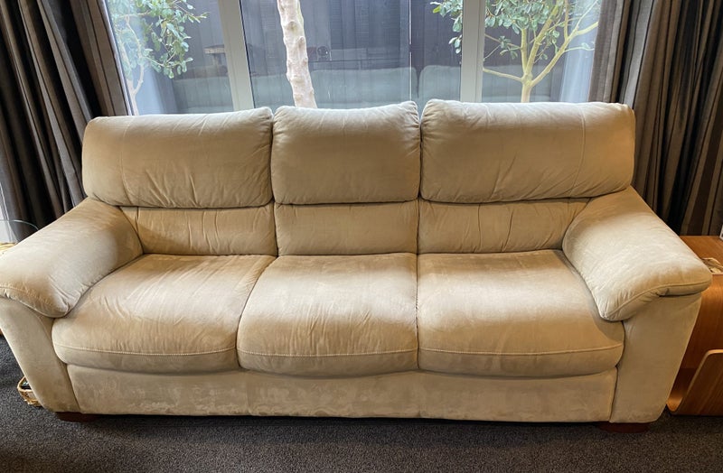 2 & 2.5 Seater Lounge Suite – Fawn Faux Suede, Wooden Feet, Good Condition64337257920386111