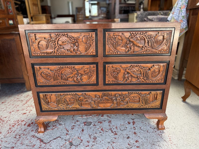 Mid Century Solid Decorative Heavily Carved Teak Chest of Drawers Carousel 20